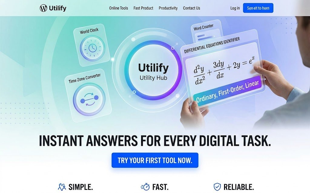 Utilify productivity hub showing world clock and differential equations identifier tools.