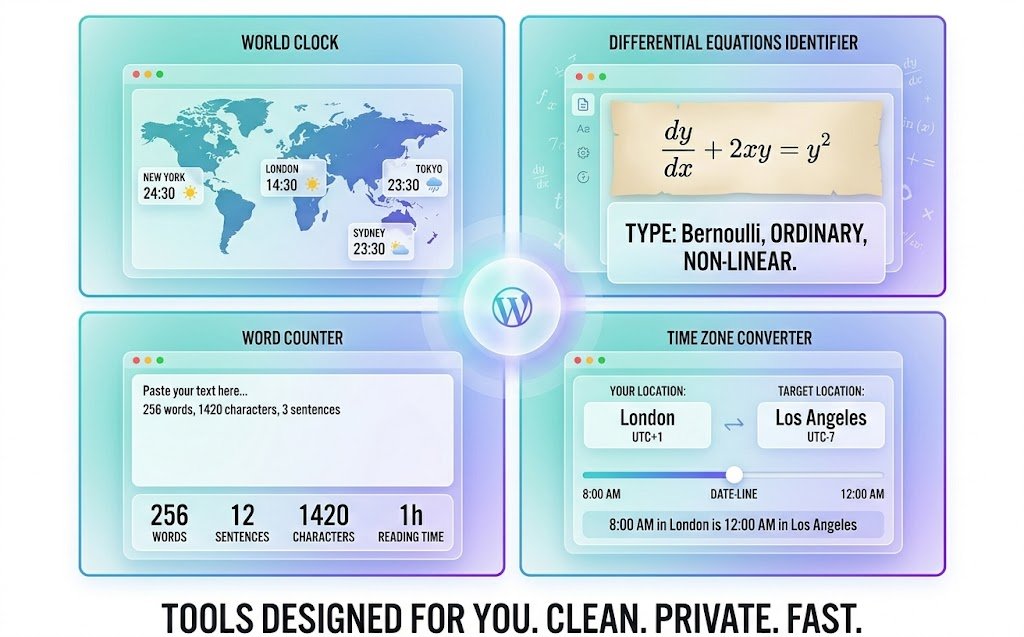 Utilify free online tools grid featuring the differential equations identifier and word counter.