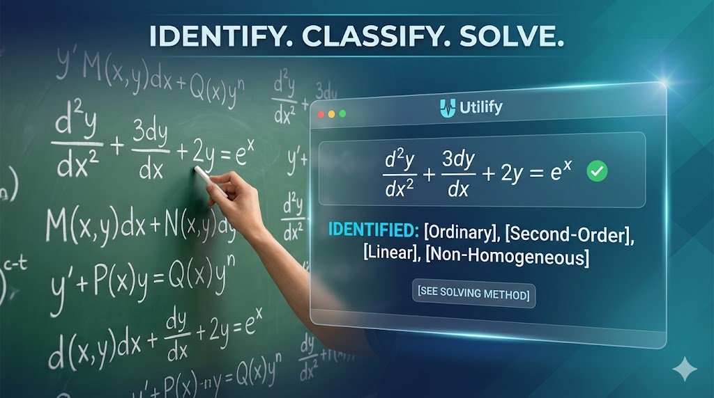 A student using the Utilify Differential Equations Identifier to classify first order linear calculus problems.