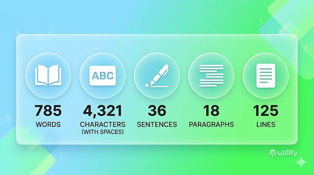 Word Counter tool output showing specific counts for words, characters, sentences, paragraphs, and lines.