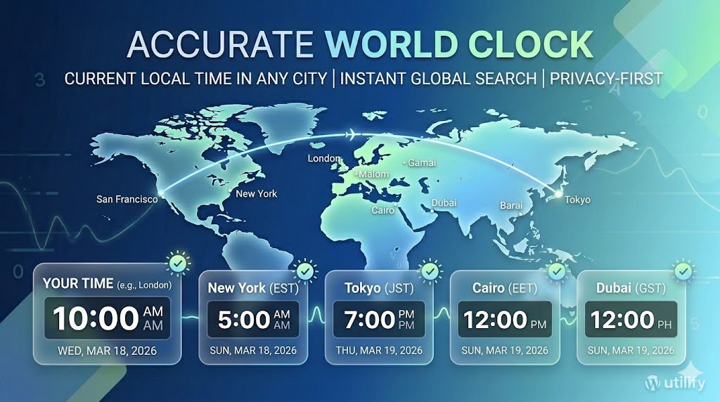 Utilify World Clock tool interface showing precise local time for global cities including London, New York, Tokyo, Cairo, and Dubai.
