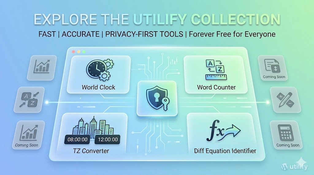 Utilify Tools central hub interface displaying a collection of fast, private, and accurate online utility modules for global productivity.