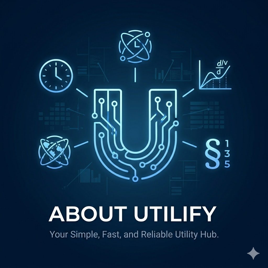 About Utilify page, featuring a large, glowing blue 'U' surrounded by interactive icons for World Clock, Time Zone Converter, Differential Equations Identifier, and Word Counter. Below the central hub is the title 'ABOUT UTILIFY' and the tagline 'Your Simple, Fast, and Reliable Utility Hub'.