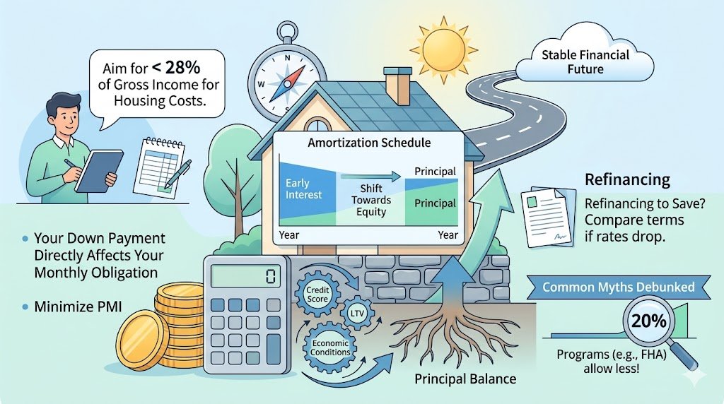 Mortgage calculator infographic visualizing monthly payments, principal balance, down payment options, amortization schedules, and key factors for a stable financial future.