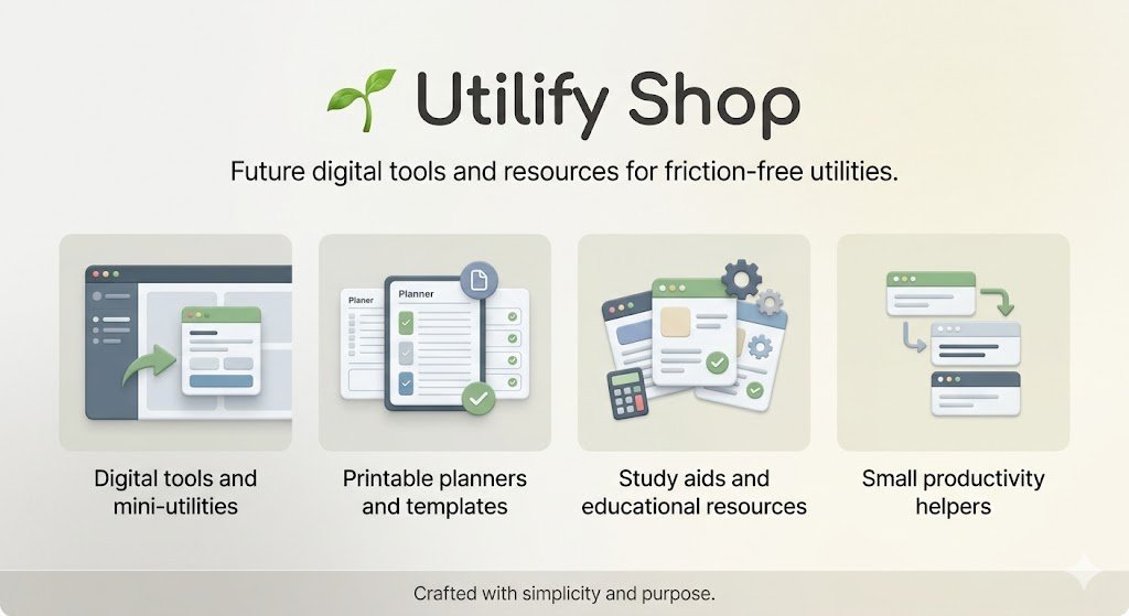 Utilify Shop feature image displaying minimalist digital tools, printable planners, study aids, and productivity resources.